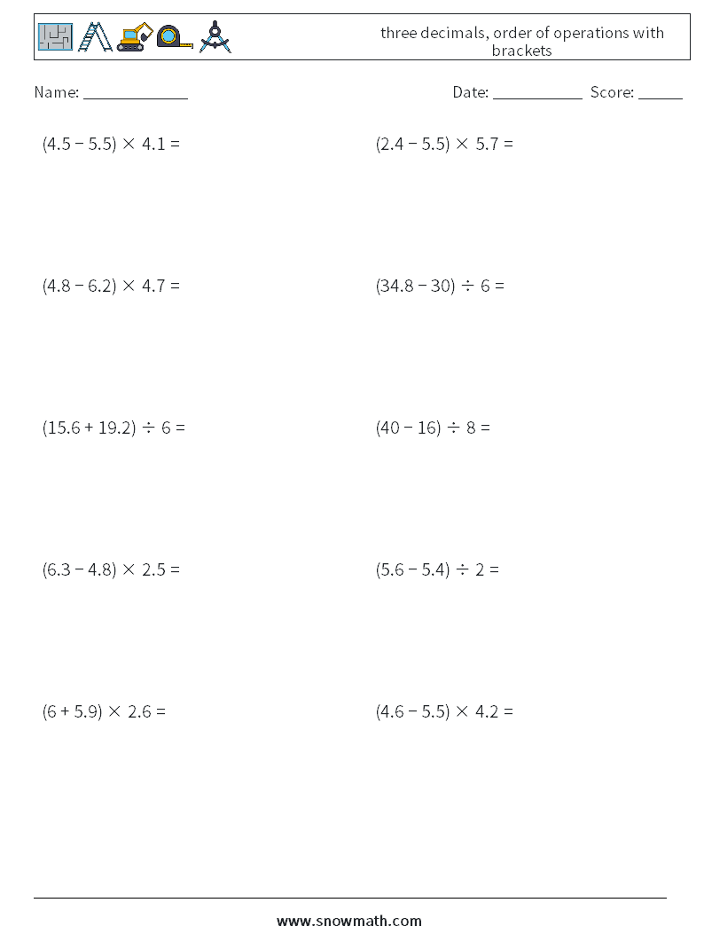 three decimals, order of operations with brackets Maths Worksheets 18