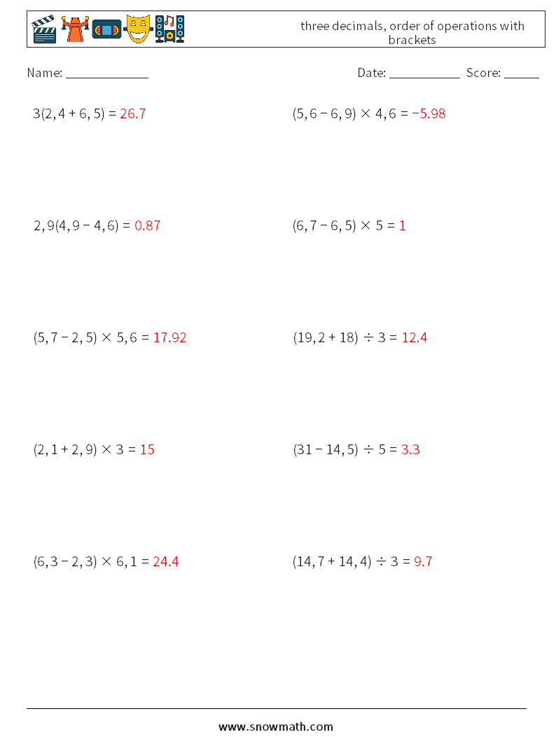 three decimals, order of operations with brackets Math Worksheets 1 Question, Answer