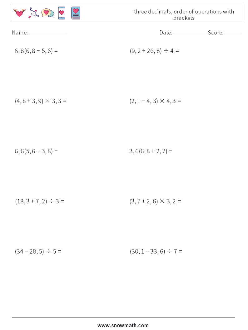 three decimals, order of operations with brackets Maths Worksheets 2