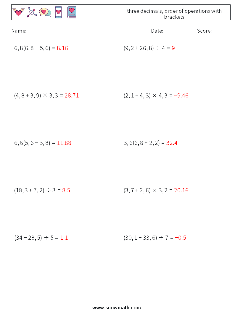 three decimals, order of operations with brackets Math Worksheets 2 Question, Answer