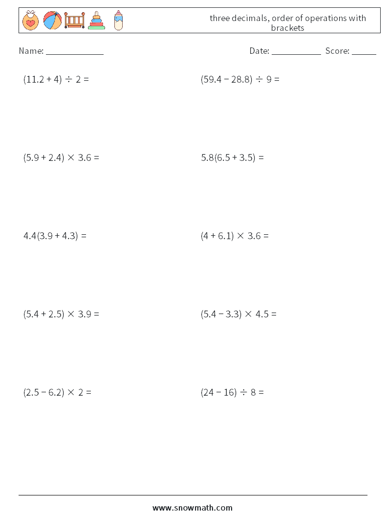 three decimals, order of operations with brackets Math Worksheets 3