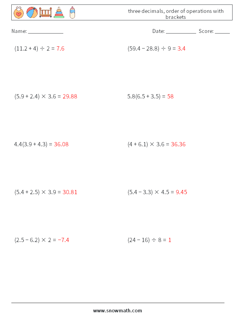 three decimals, order of operations with brackets Math Worksheets 3 Question, Answer