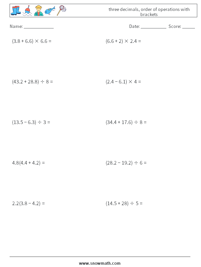 three decimals, order of operations with brackets Math Worksheets 4