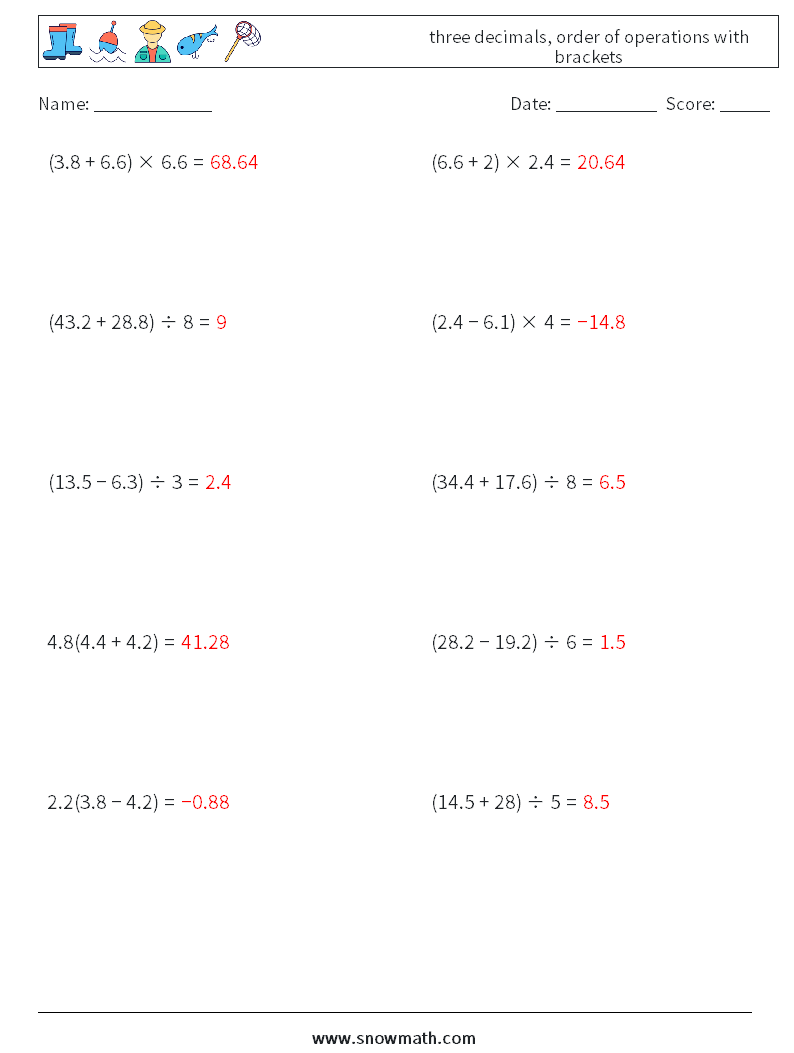 three decimals, order of operations with brackets Math Worksheets 4 Question, Answer