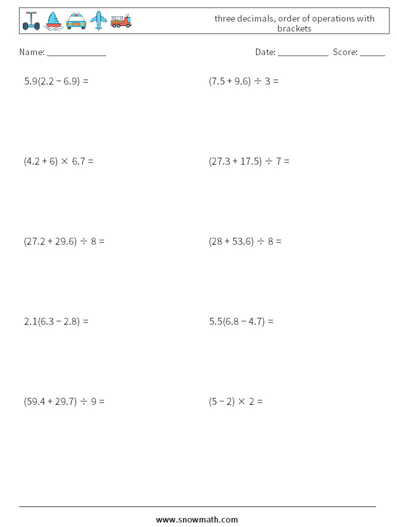 three decimals, order of operations with brackets Math Worksheets 5