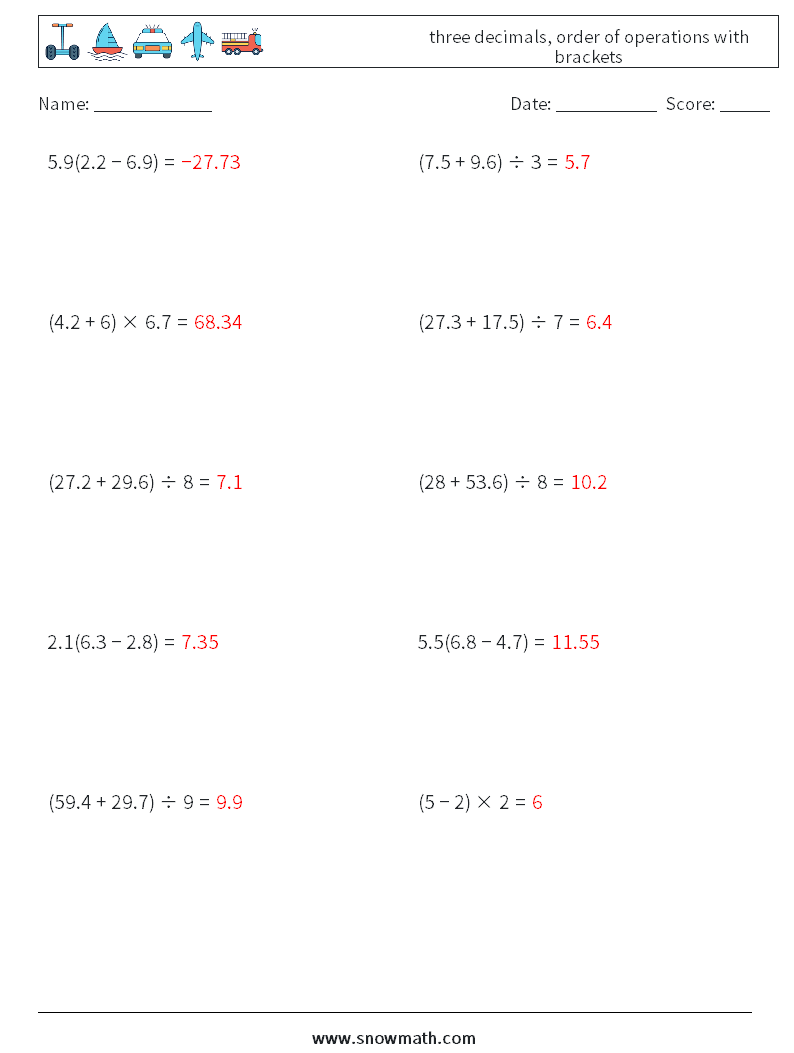 three decimals, order of operations with brackets Math Worksheets 5 Question, Answer