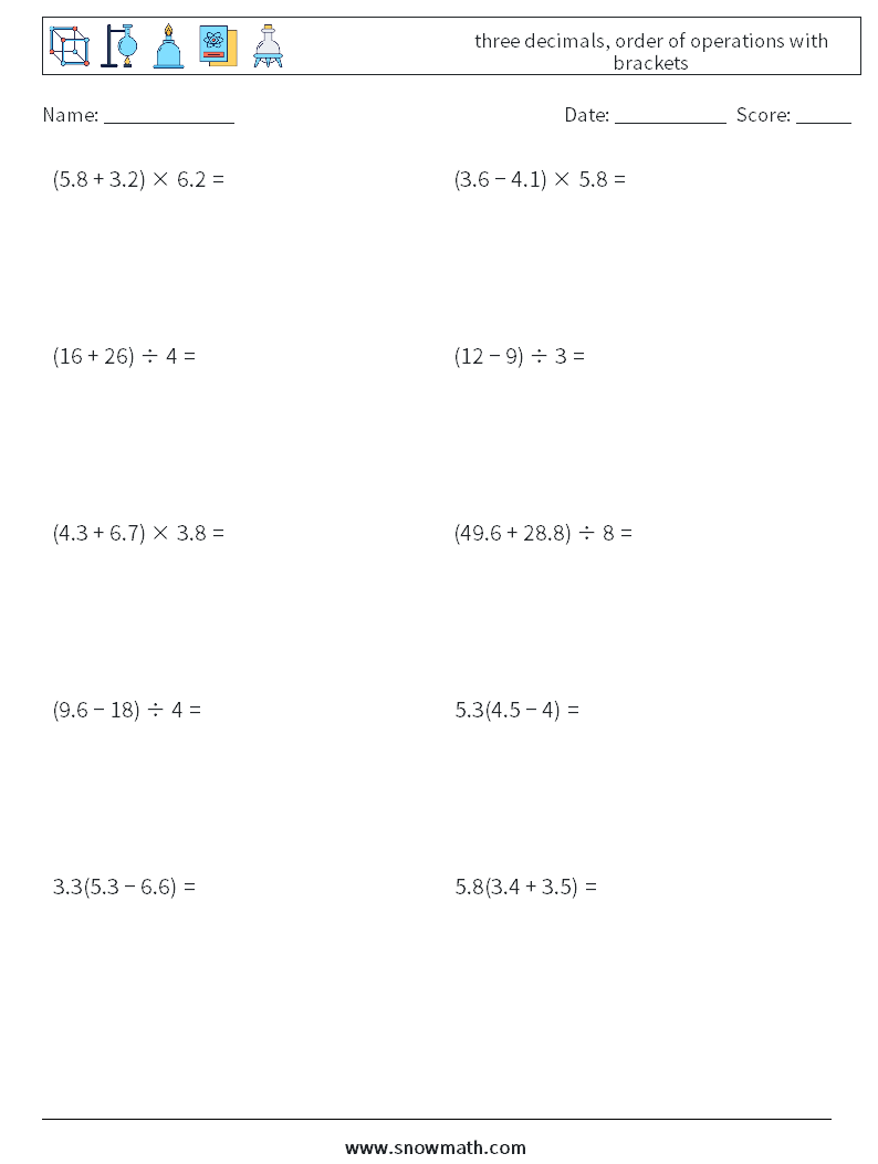 three decimals, order of operations with brackets Maths Worksheets 6