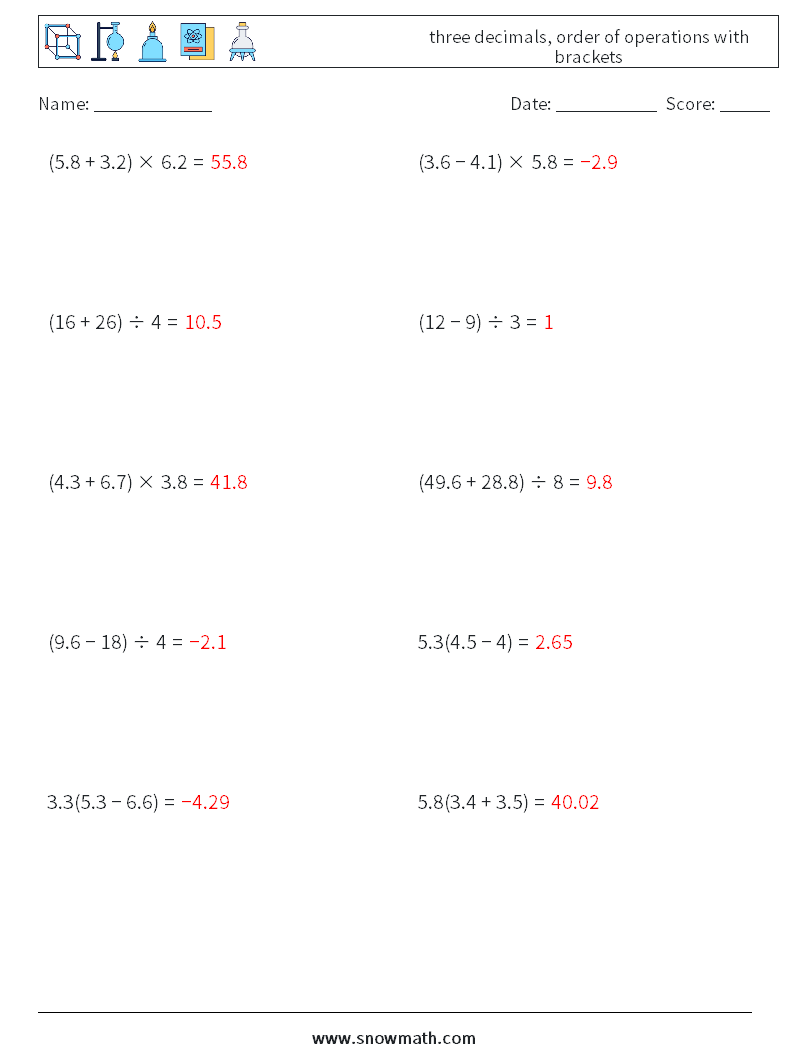 three decimals, order of operations with brackets Math Worksheets 6 Question, Answer