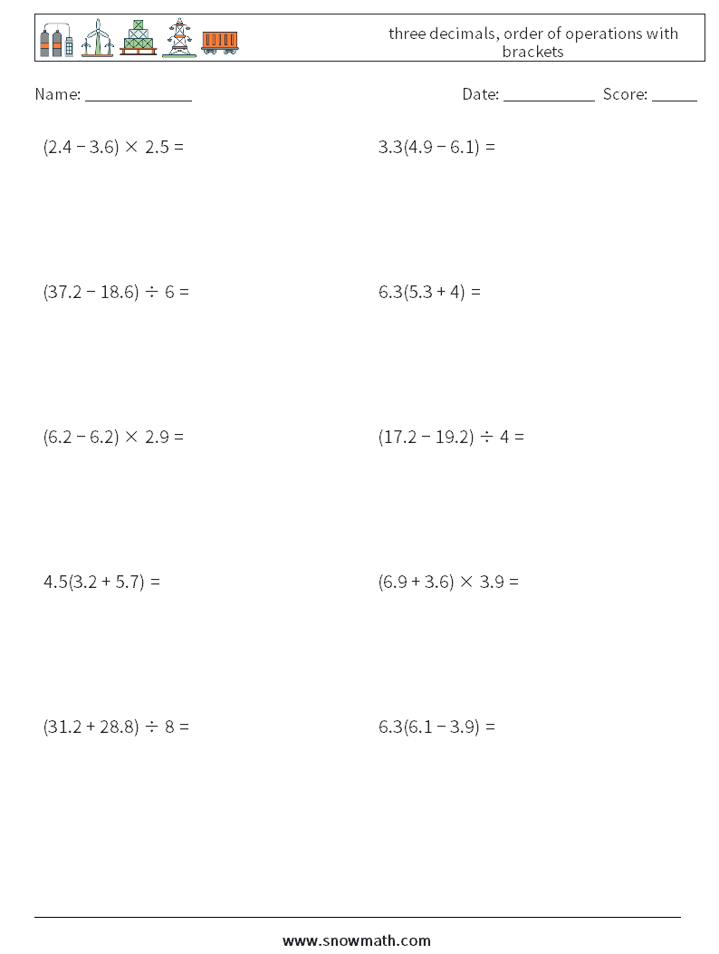 three decimals, order of operations with brackets Maths Worksheets 7