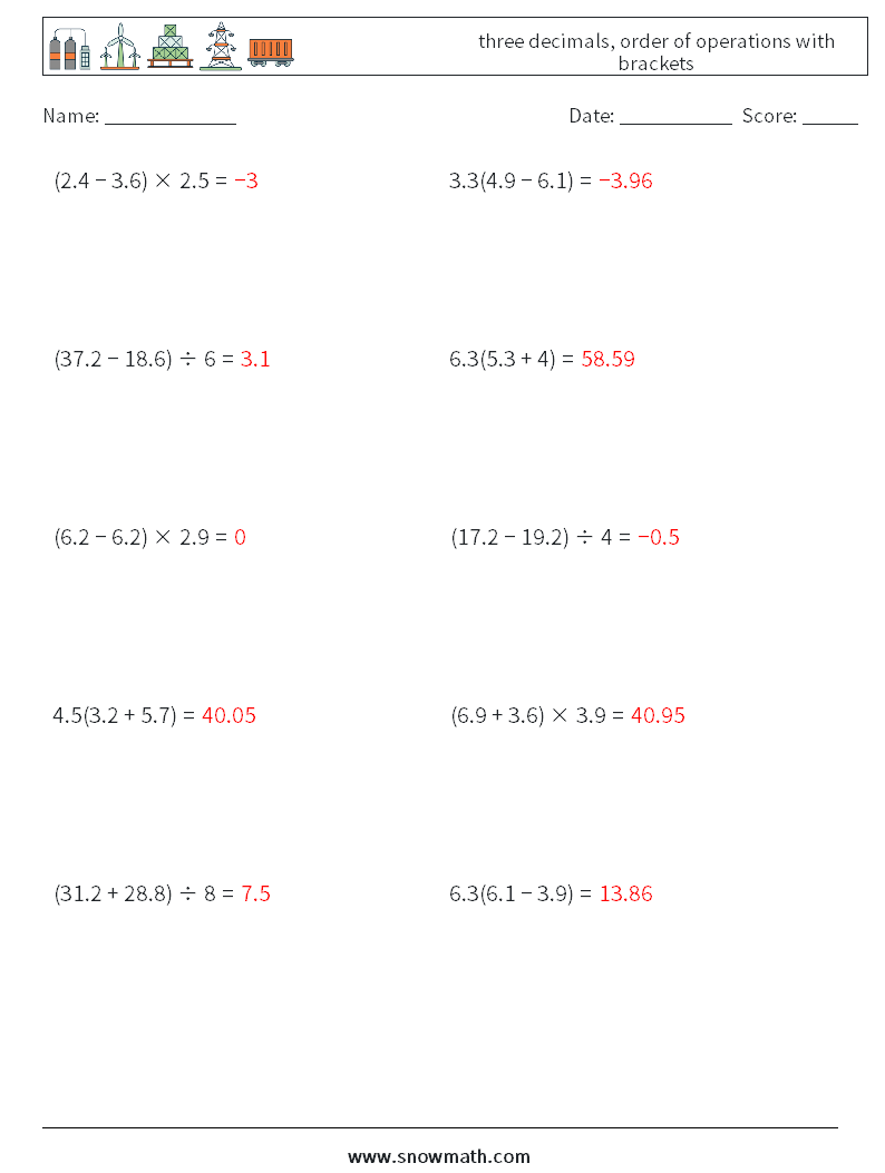 three decimals, order of operations with brackets Math Worksheets 7 Question, Answer