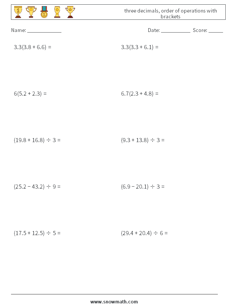 three decimals, order of operations with brackets Math Worksheets 8