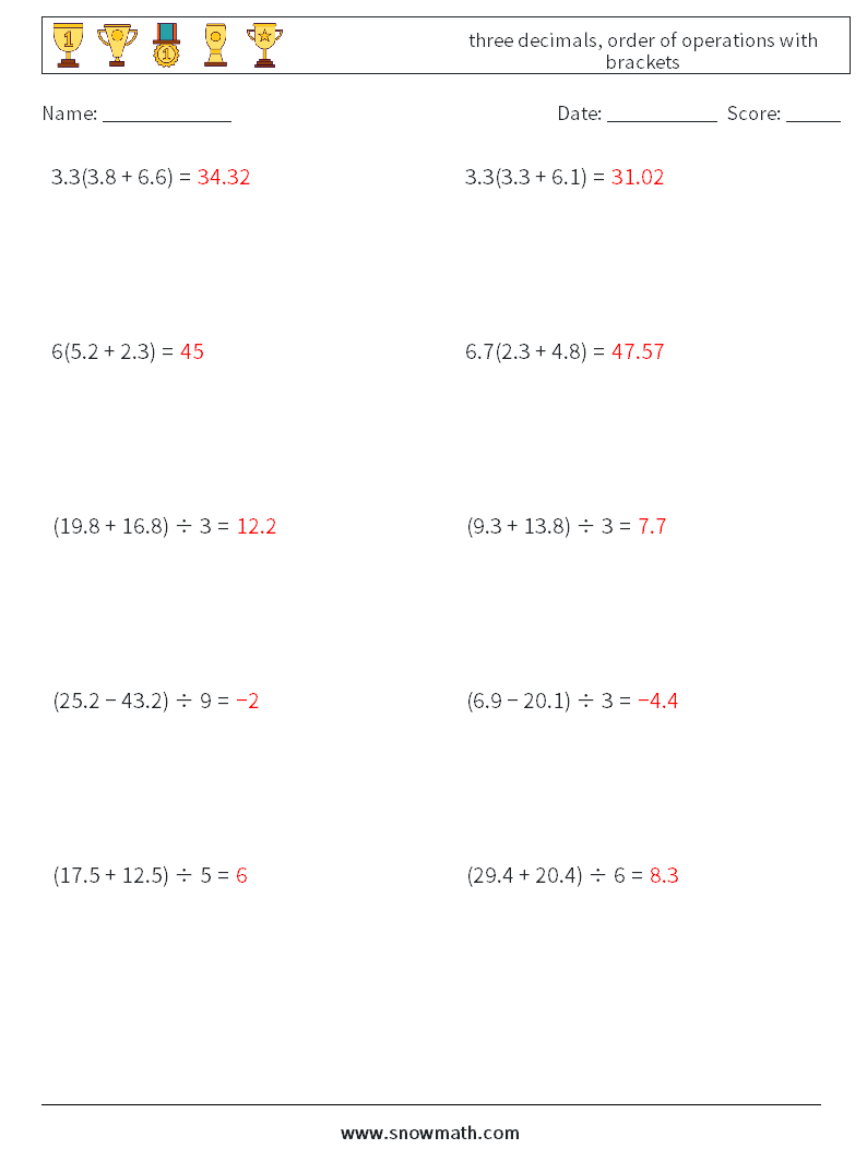 three decimals, order of operations with brackets Math Worksheets 8 Question, Answer