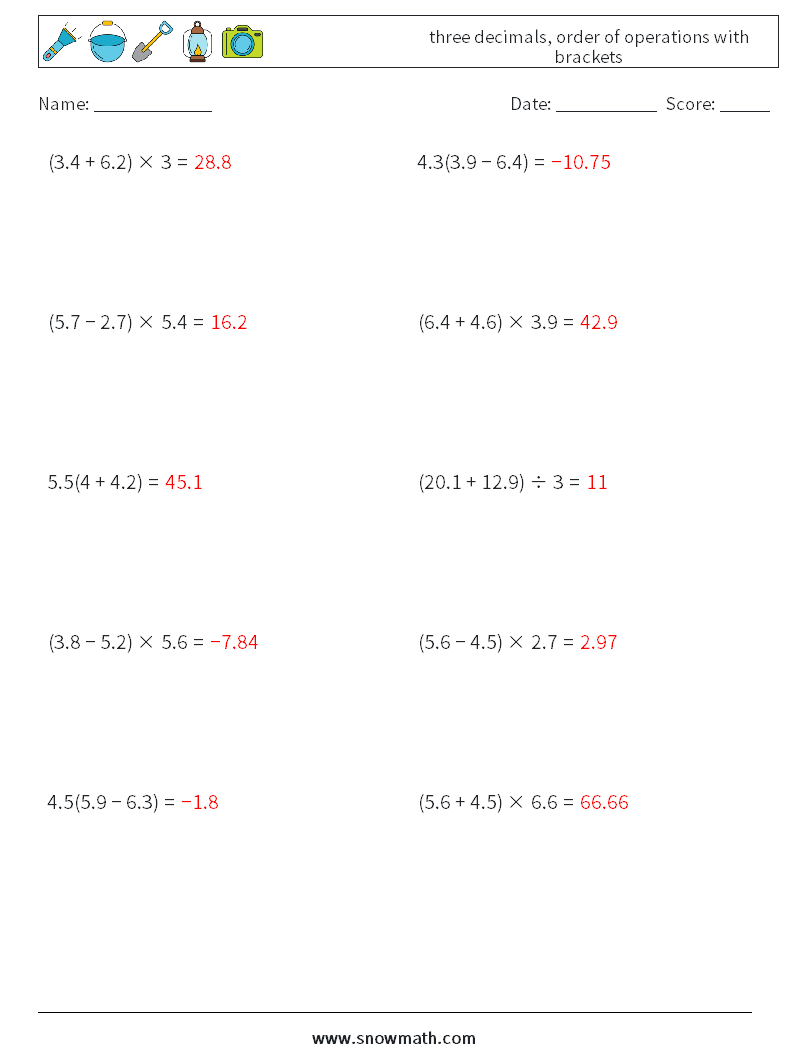 three decimals, order of operations with brackets Math Worksheets 9 Question, Answer