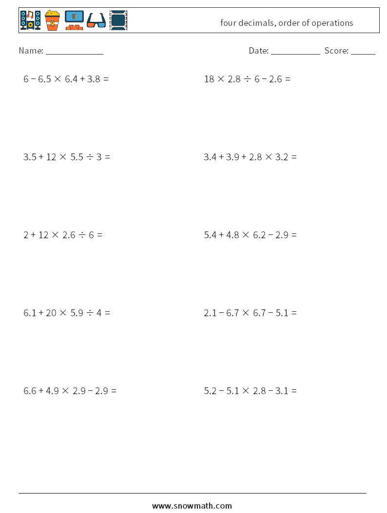 four decimals, order of operations Math Worksheets 11