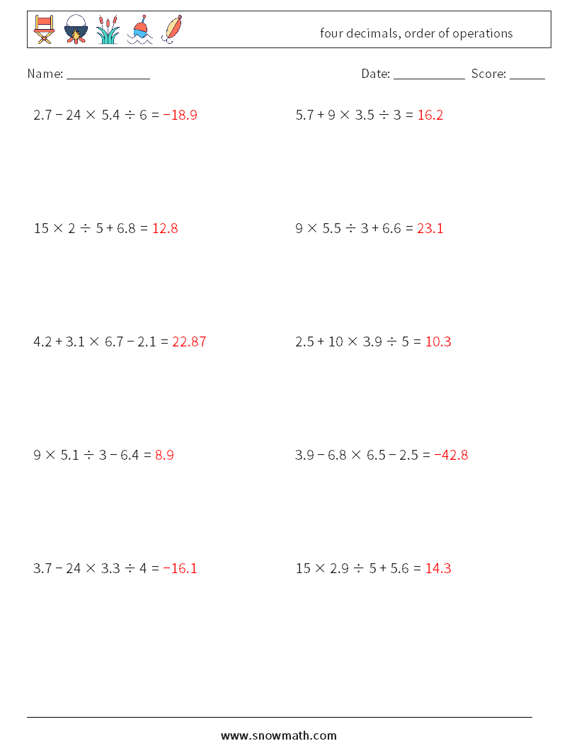 four decimals, order of operations Math Worksheets 12 Question, Answer