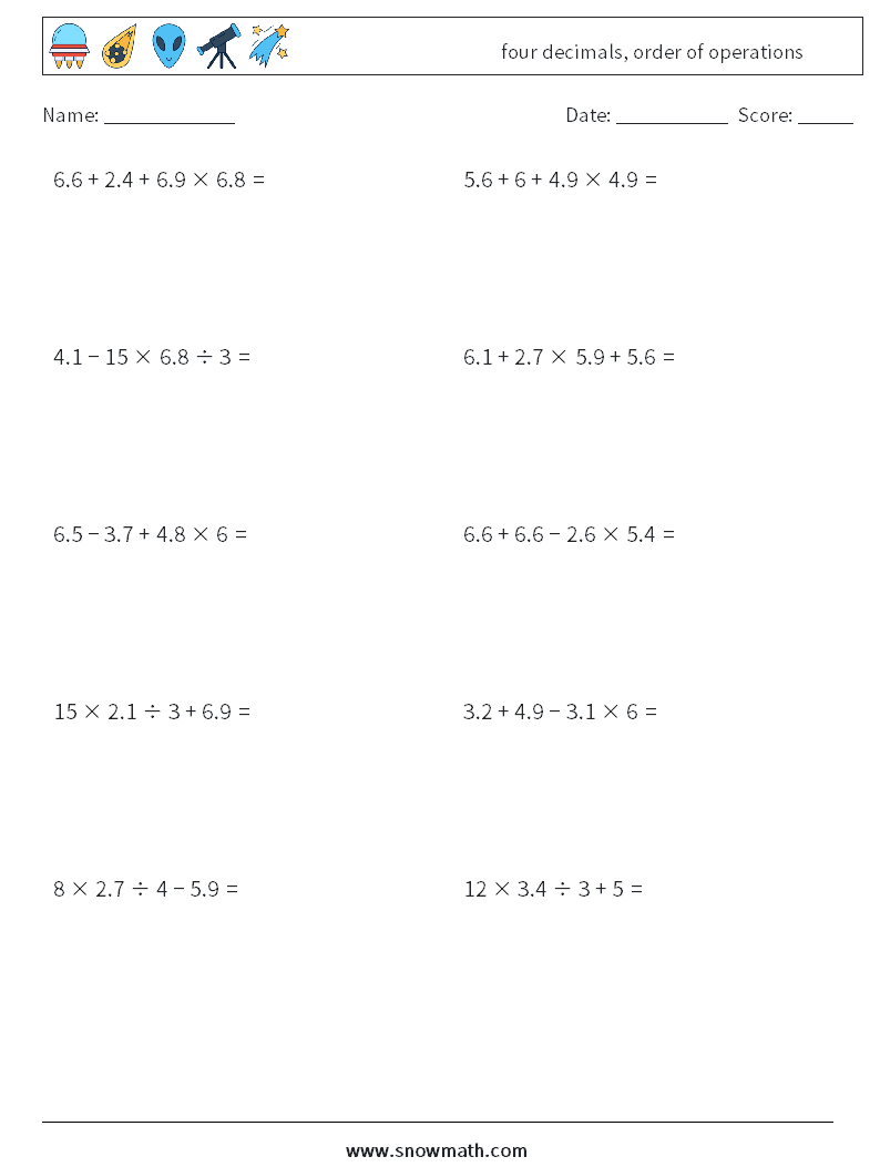 four decimals, order of operations Maths Worksheets 14