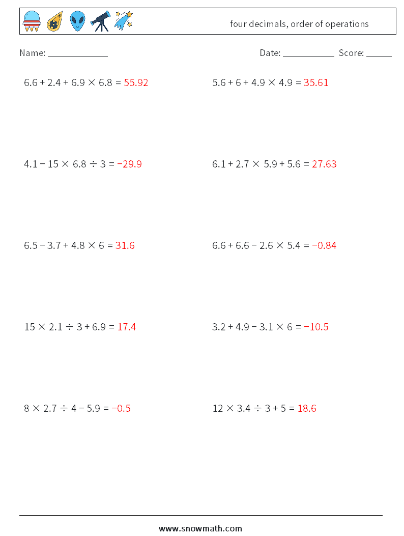 four decimals, order of operations Math Worksheets 14 Question, Answer