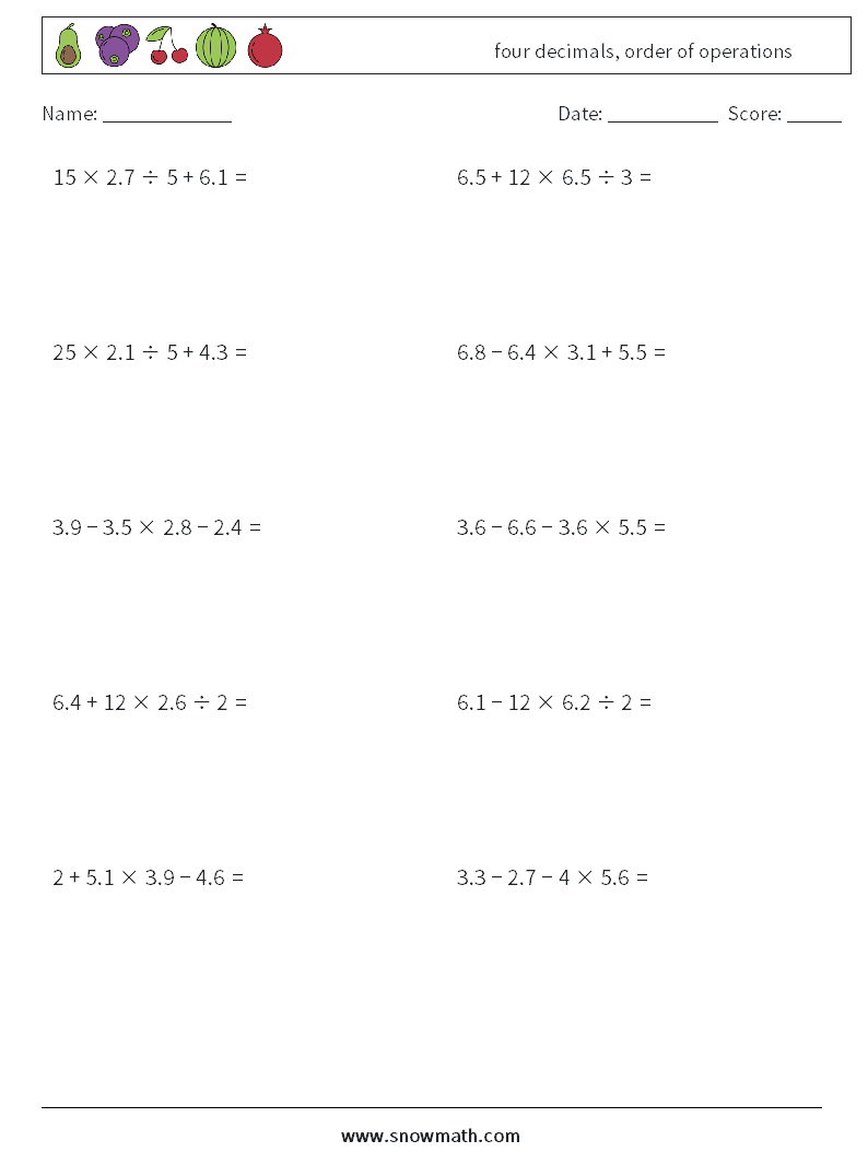 four decimals, order of operations Maths Worksheets 17