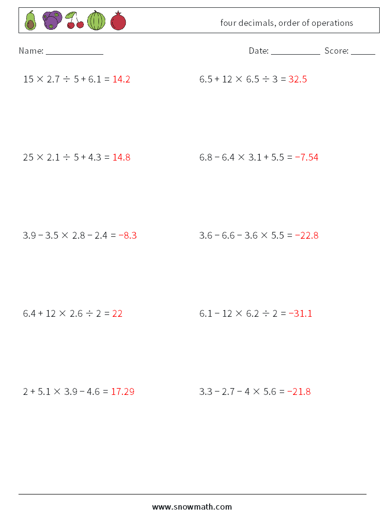 four decimals, order of operations Math Worksheets 17 Question, Answer