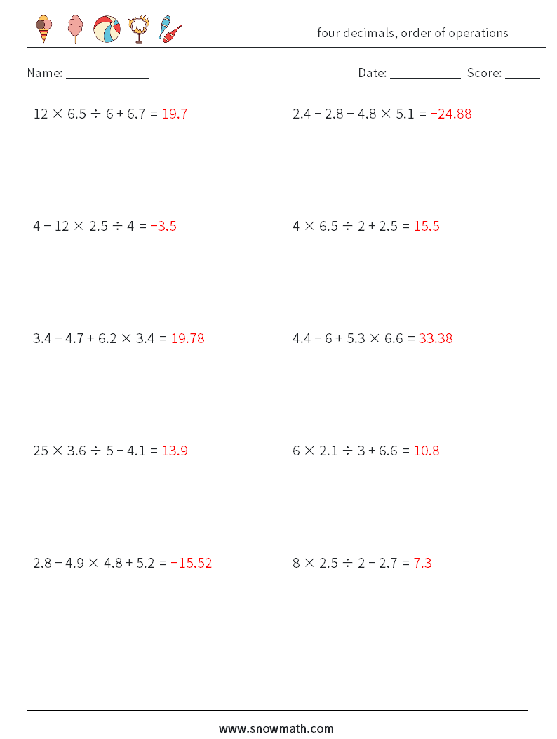 four decimals, order of operations Math Worksheets 18 Question, Answer