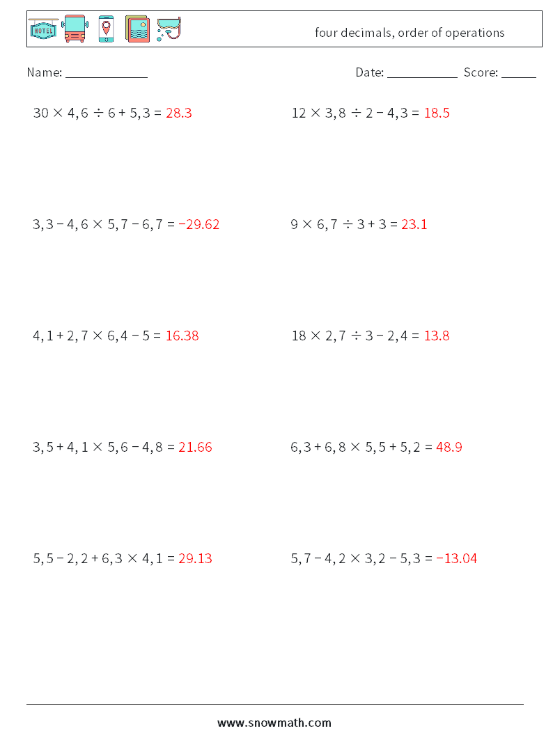 four decimals, order of operations Math Worksheets 1 Question, Answer