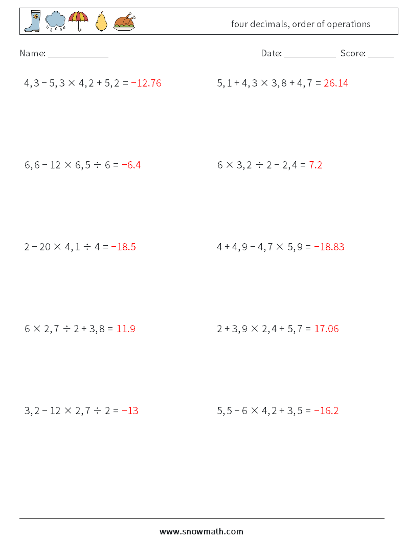 four decimals, order of operations Math Worksheets 2 Question, Answer