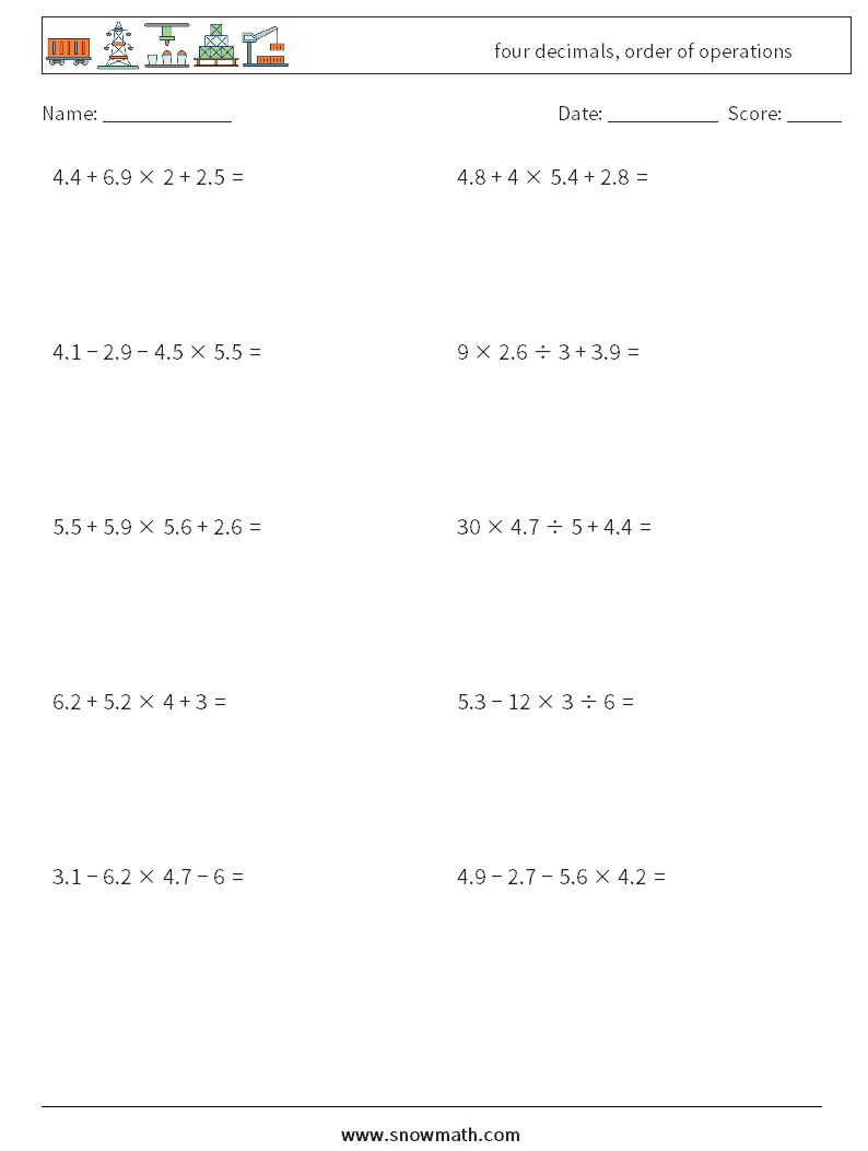 four decimals, order of operations Math Worksheets 3