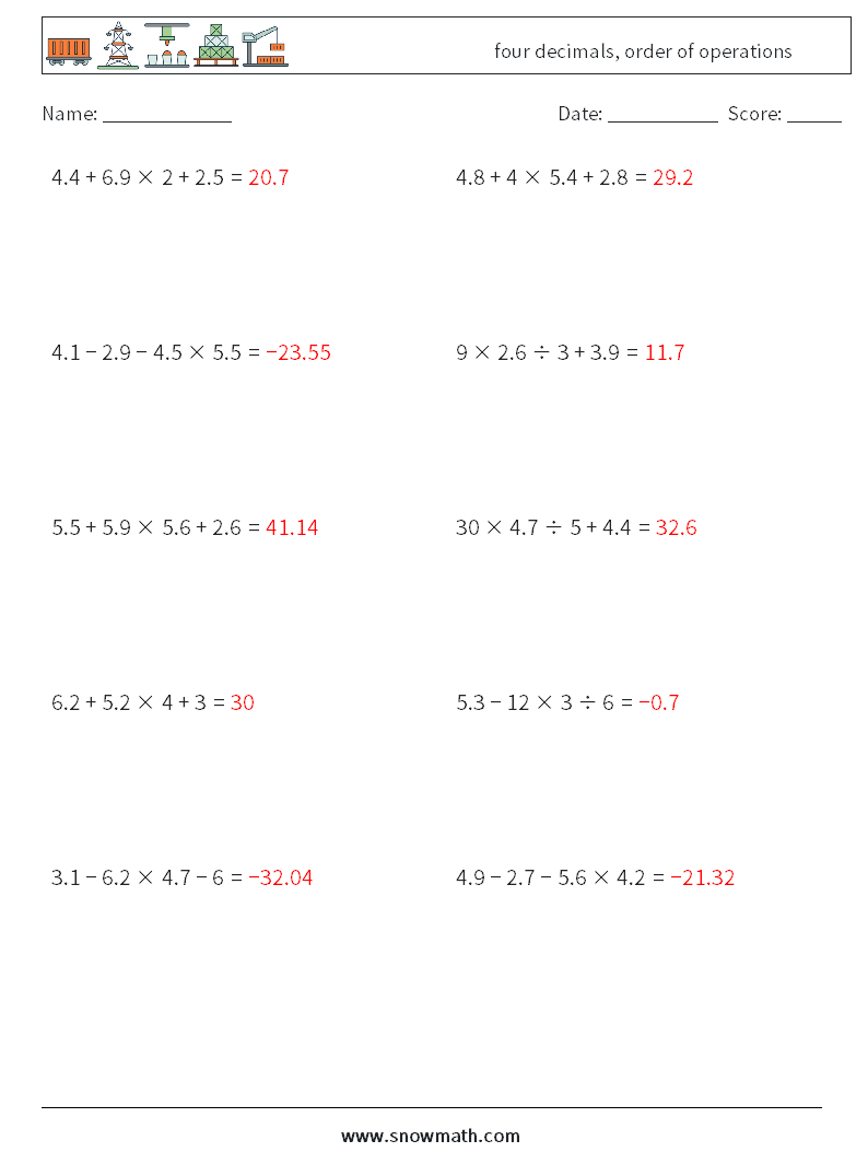 four decimals, order of operations Math Worksheets 3 Question, Answer