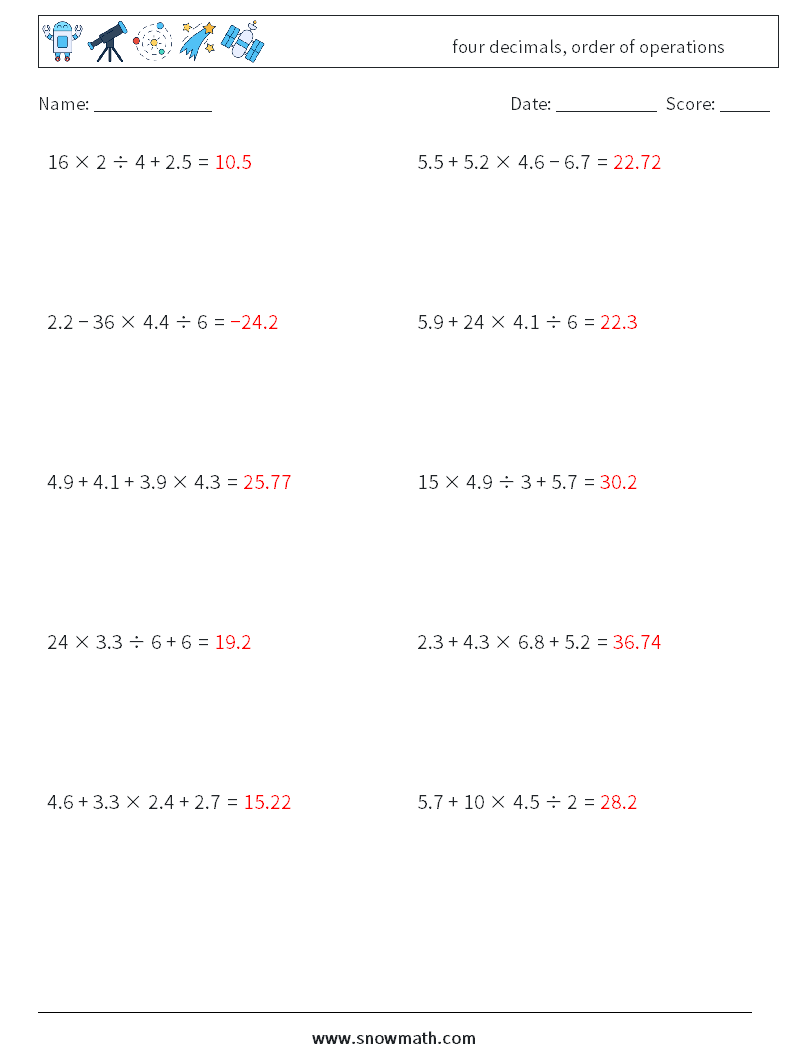 four decimals, order of operations Math Worksheets 4 Question, Answer