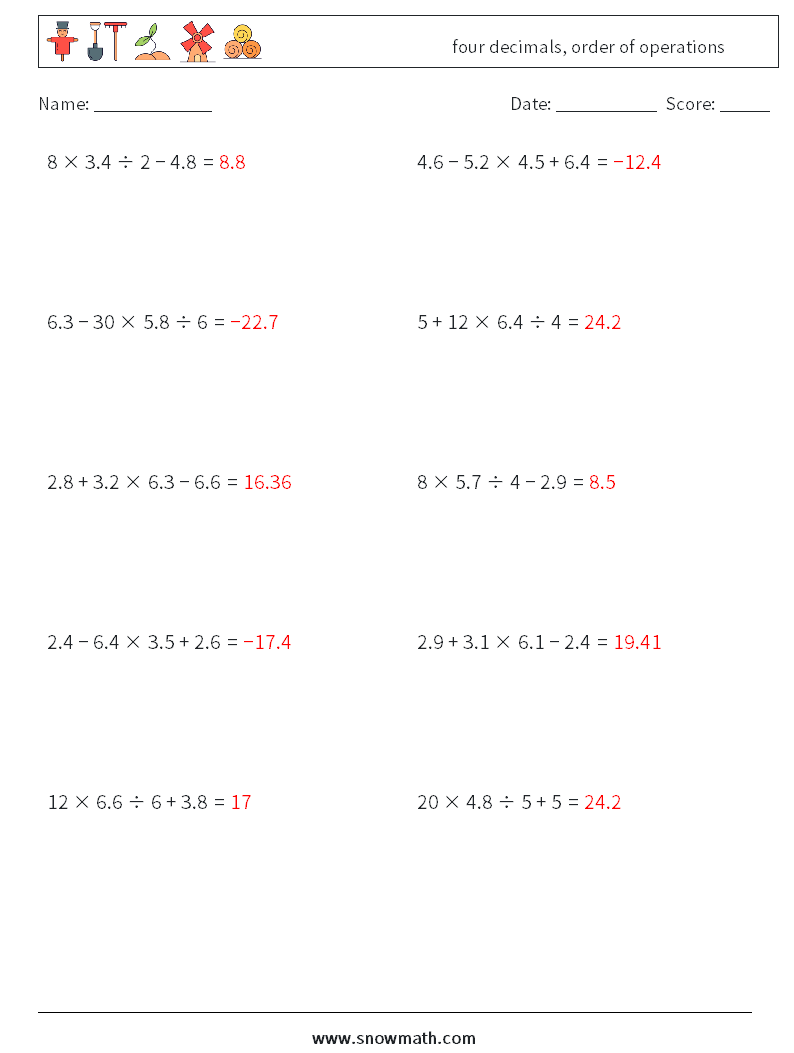 four decimals, order of operations Math Worksheets 5 Question, Answer