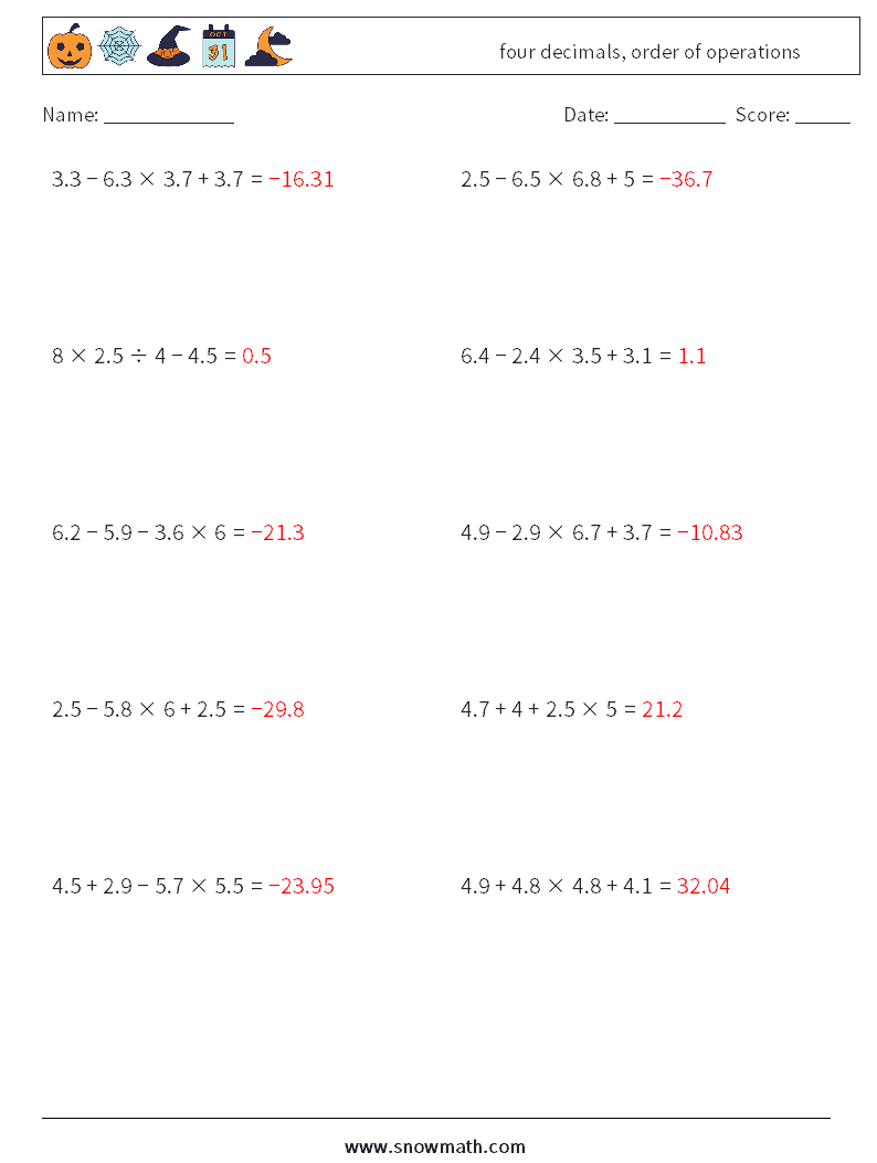 four decimals, order of operations Math Worksheets 6 Question, Answer