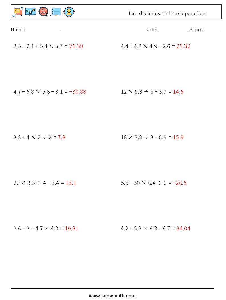 four decimals, order of operations Math Worksheets 7 Question, Answer