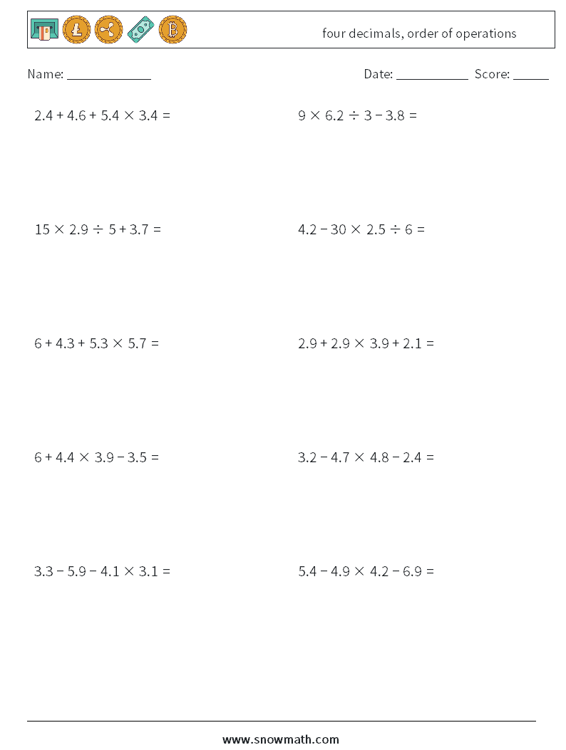 four decimals, order of operations Maths Worksheets 8