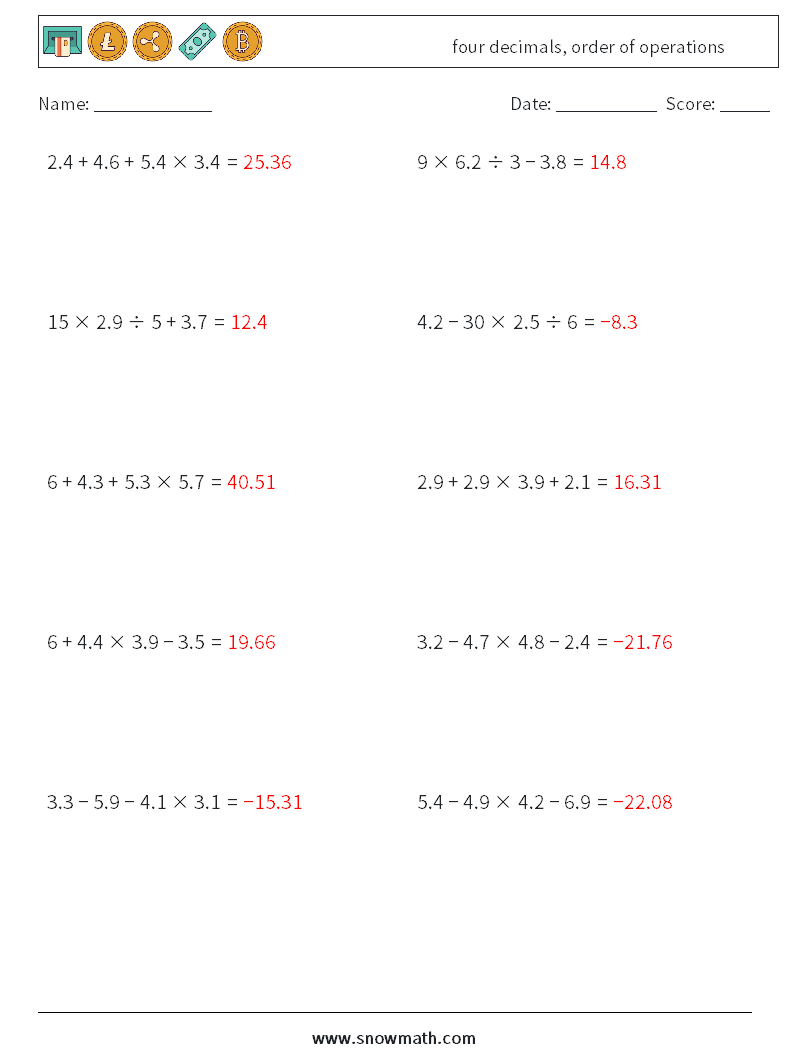 four decimals, order of operations Math Worksheets 8 Question, Answer