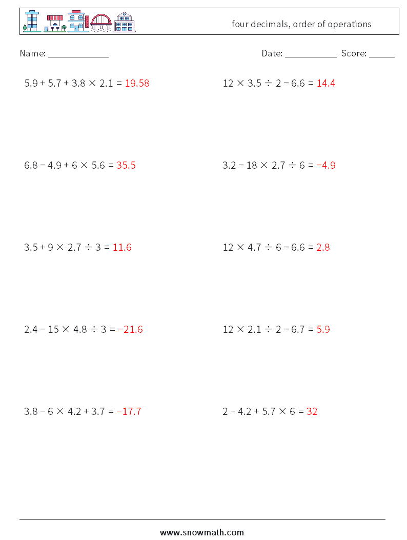 four decimals, order of operations Math Worksheets 9 Question, Answer