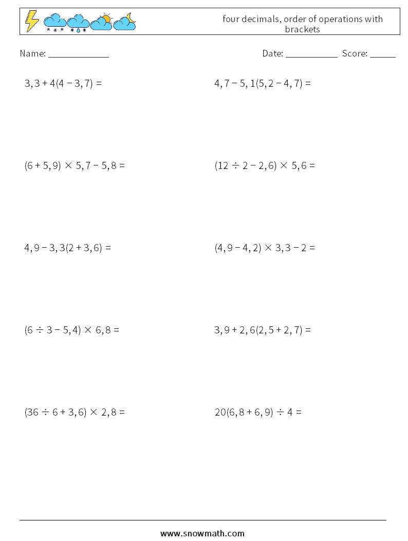 four decimals, order of operations with brackets Maths Worksheets 1