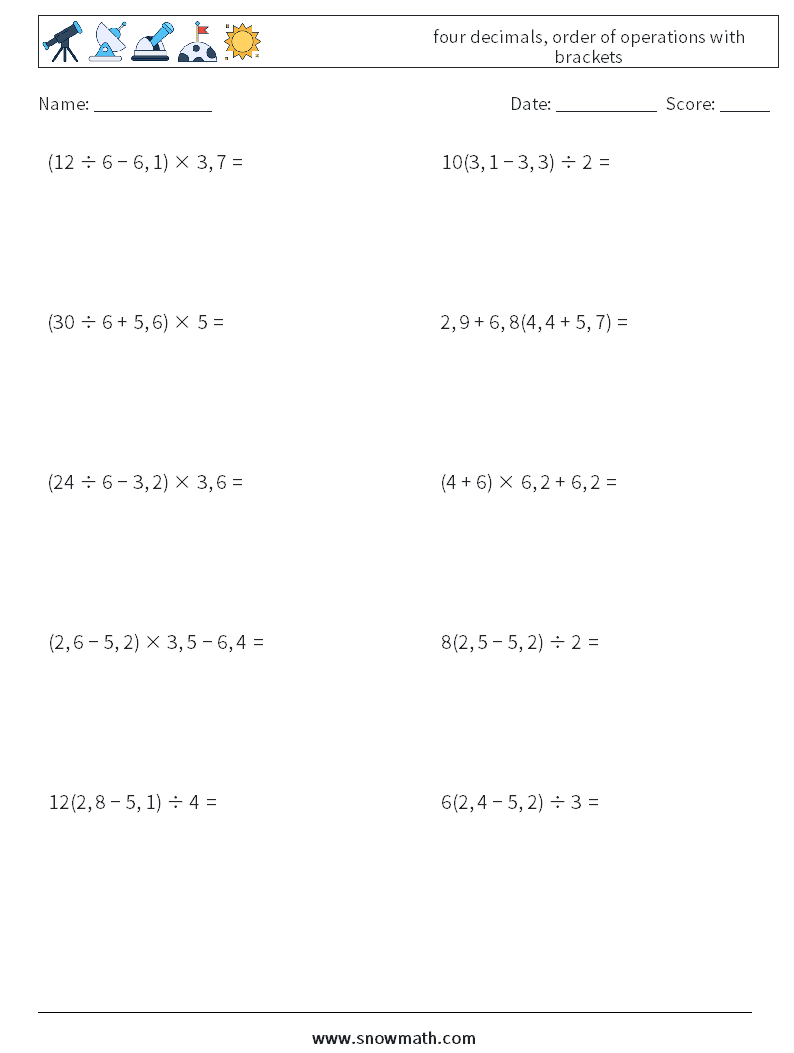 four decimals, order of operations with brackets Maths Worksheets 10