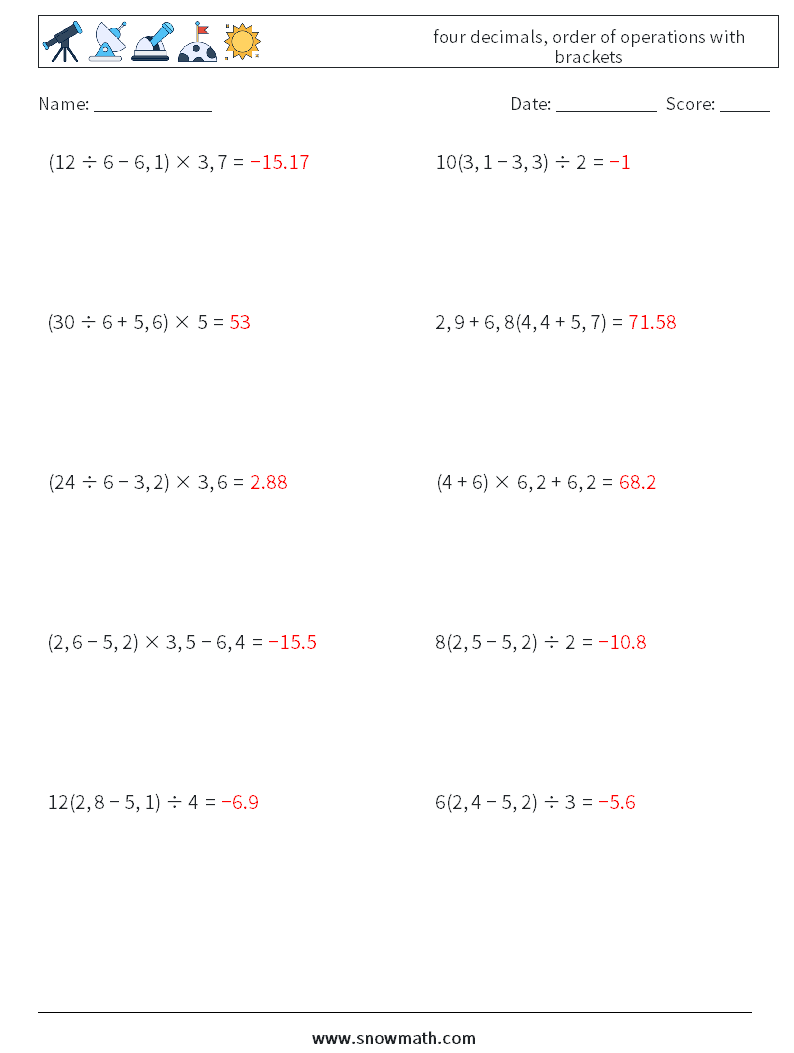 four decimals, order of operations with brackets Math Worksheets 10 Question, Answer