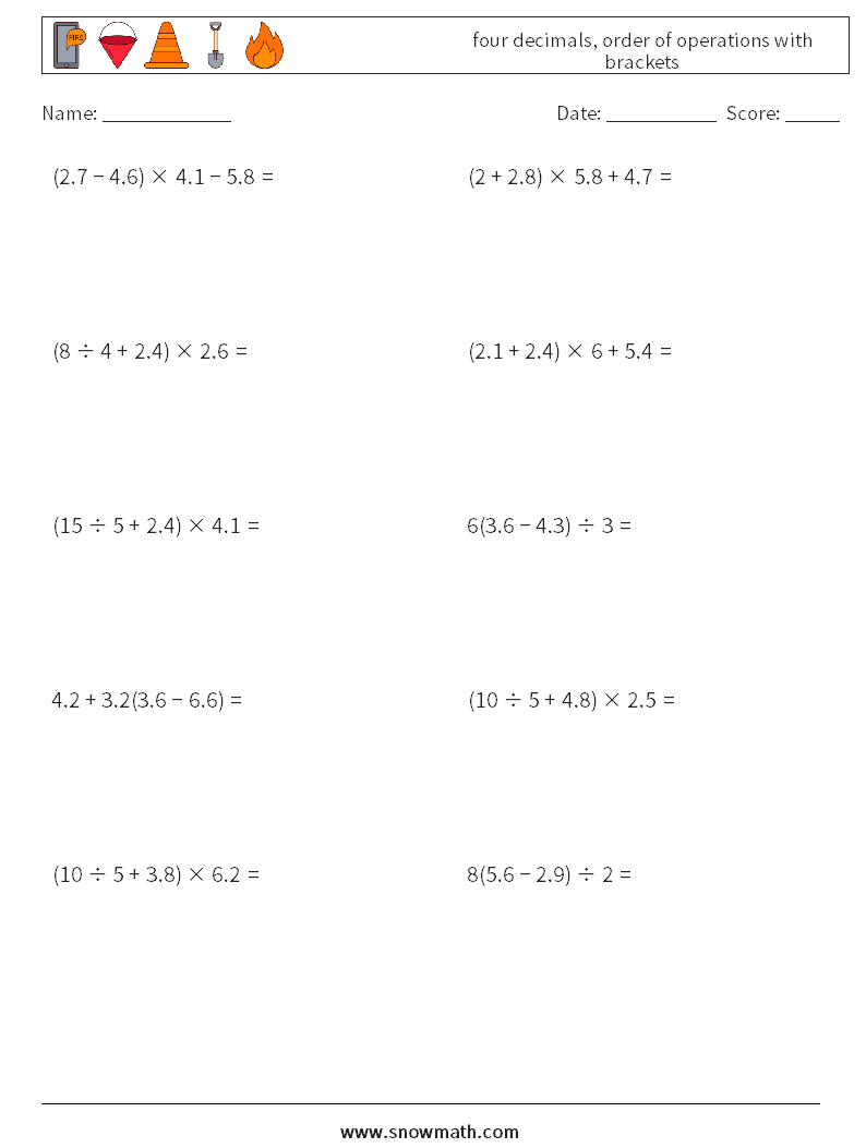 four decimals, order of operations with brackets Maths Worksheets 11