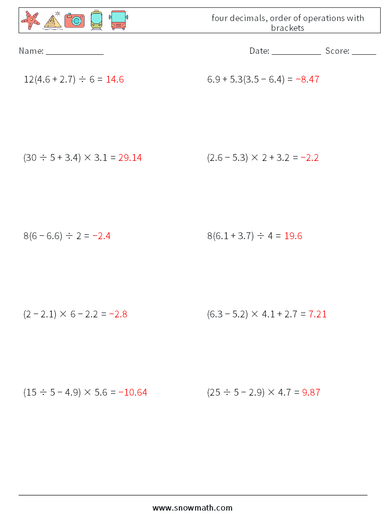 four decimals, order of operations with brackets Math Worksheets 12 Question, Answer