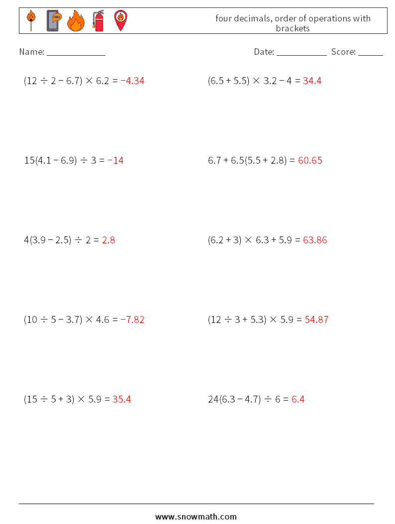 four decimals, order of operations with brackets Math Worksheets 13 Question, Answer