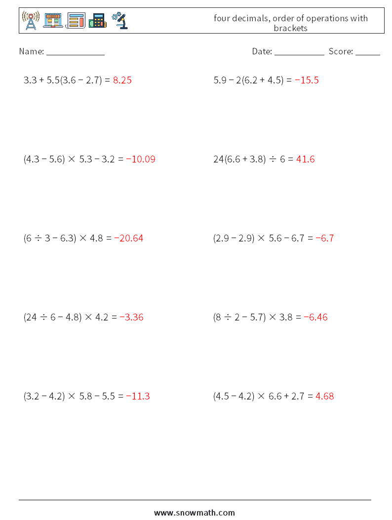 four decimals, order of operations with brackets Math Worksheets 14 Question, Answer