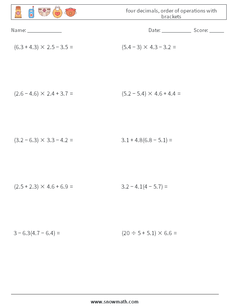 four decimals, order of operations with brackets Math Worksheets 15