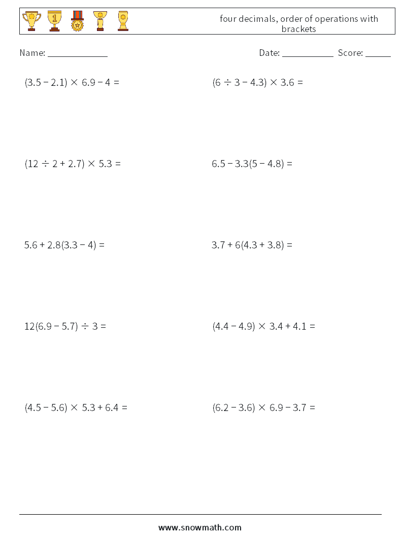 four decimals, order of operations with brackets Math Worksheets 16