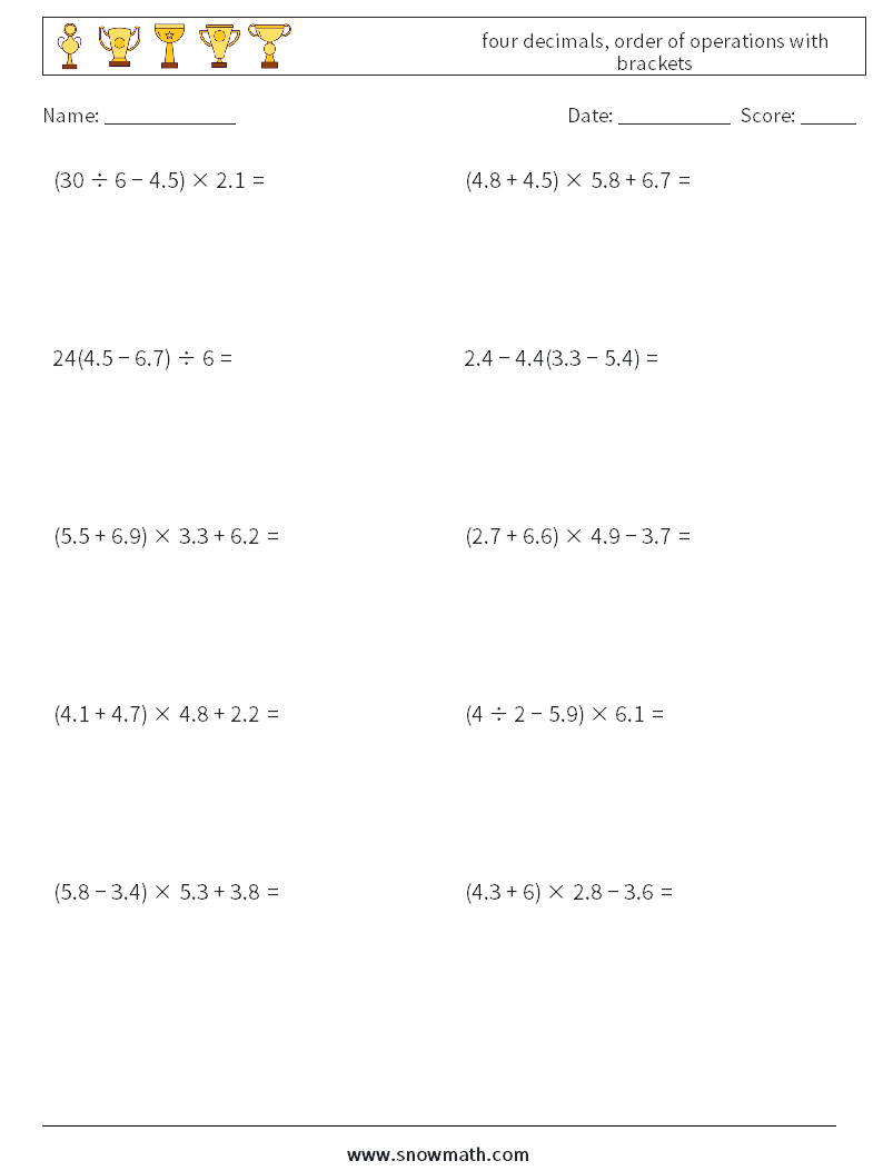 four decimals, order of operations with brackets Maths Worksheets 18