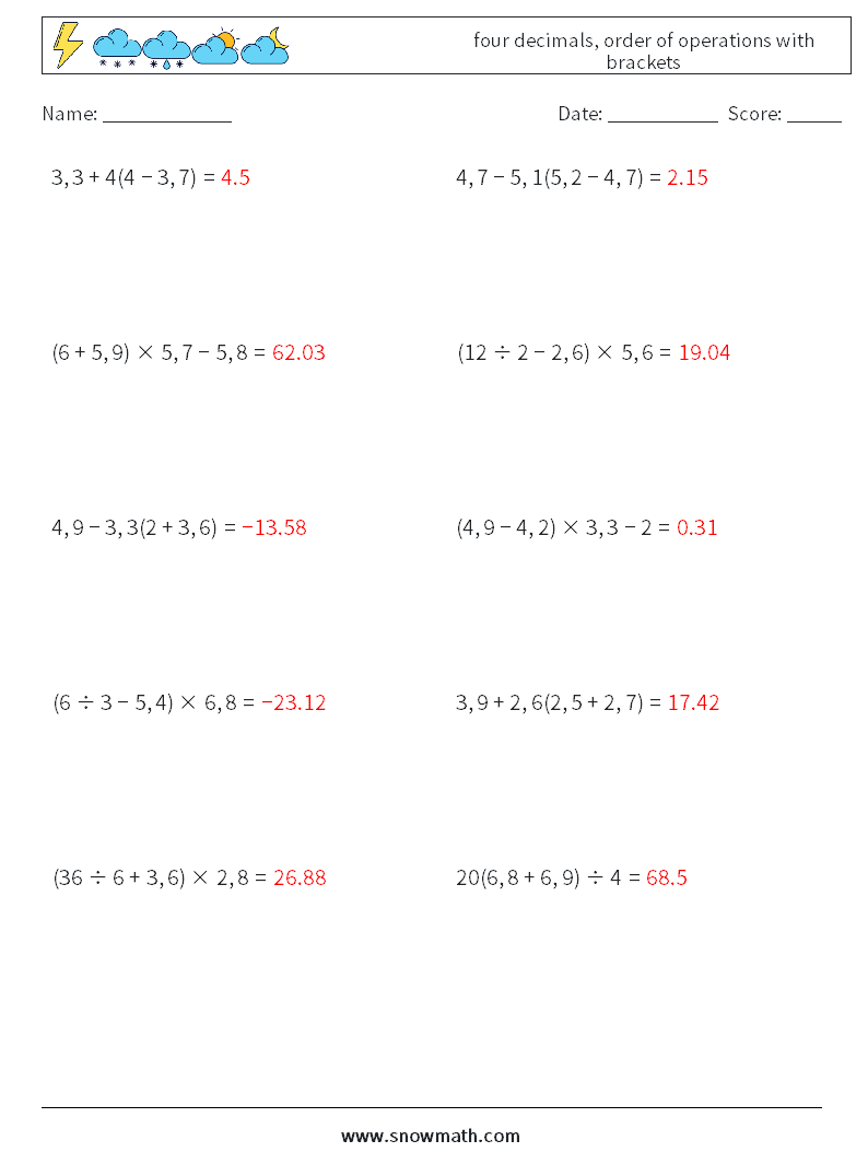 four decimals, order of operations with brackets Math Worksheets 1 Question, Answer