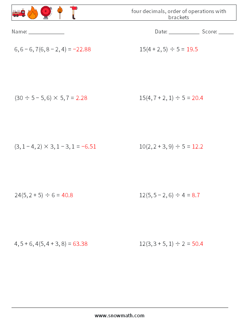 four decimals, order of operations with brackets Math Worksheets 2 Question, Answer