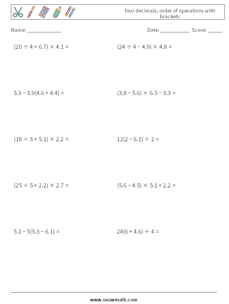 four decimals, order of operations with brackets Maths Worksheets 4