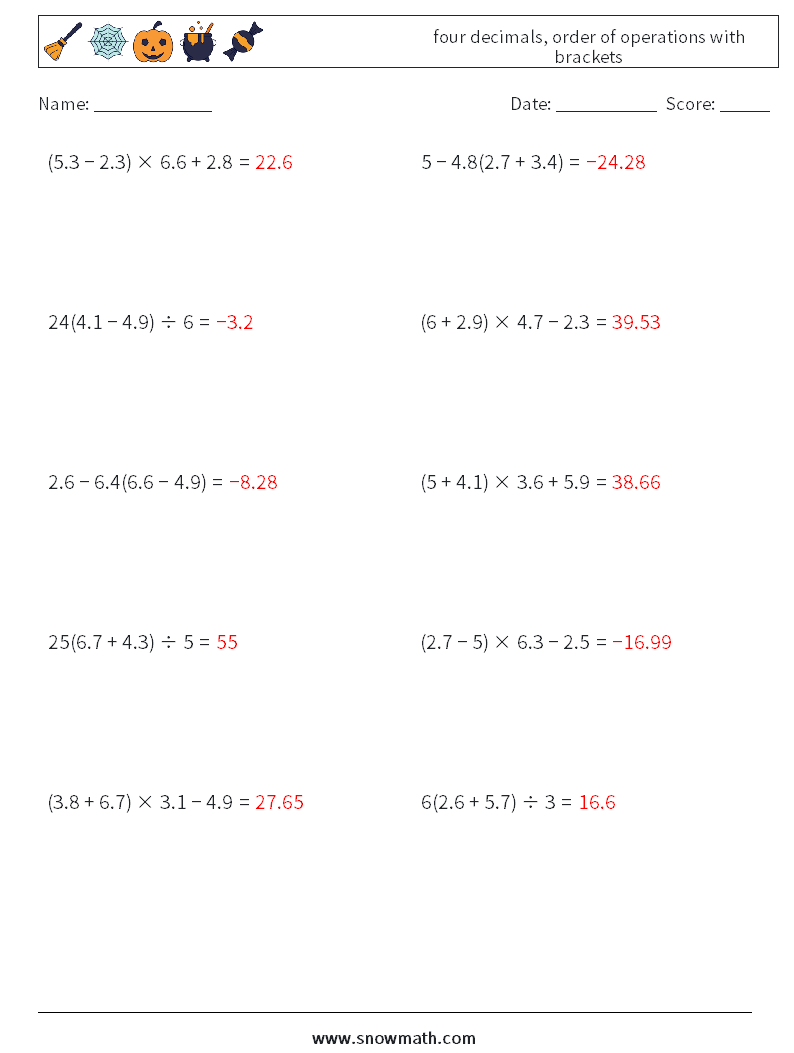 four decimals, order of operations with brackets Math Worksheets 6 Question, Answer