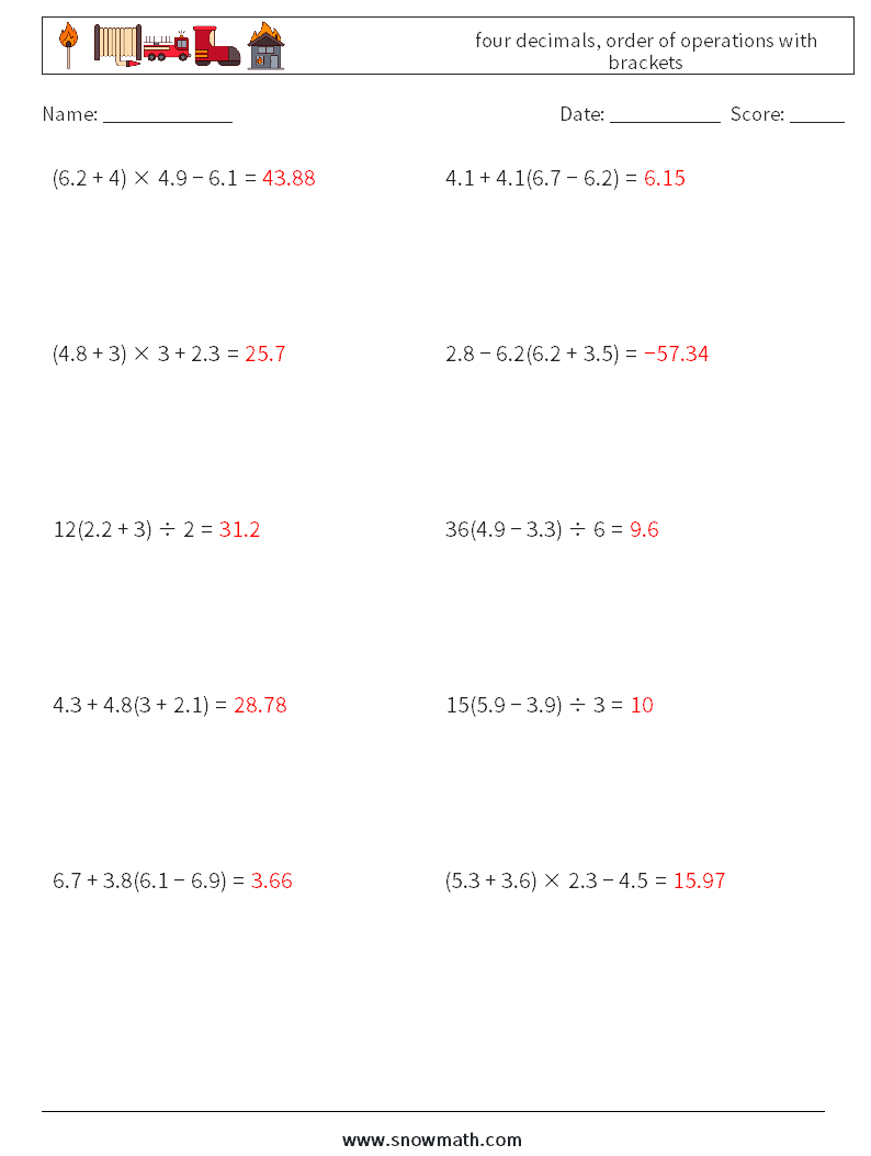 four decimals, order of operations with brackets Math Worksheets 8 Question, Answer